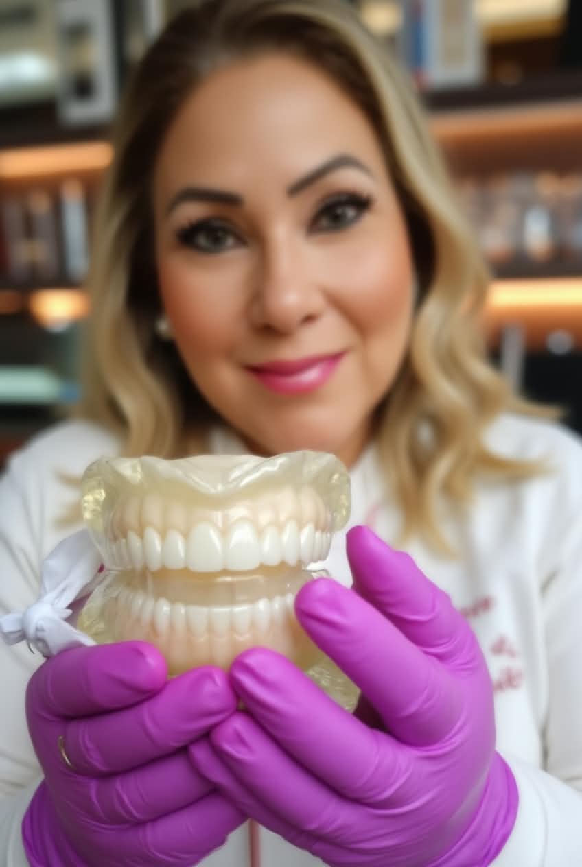 Dra. Andréia Gravina segurando modelo odontológico de dentes